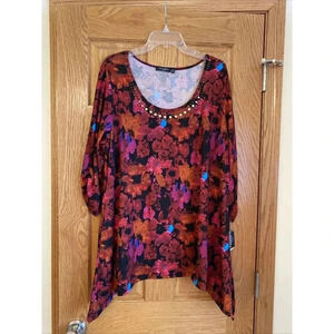 Notations Womens 1X Tunic Top Red Black Blue Floral Handkerchief Hem